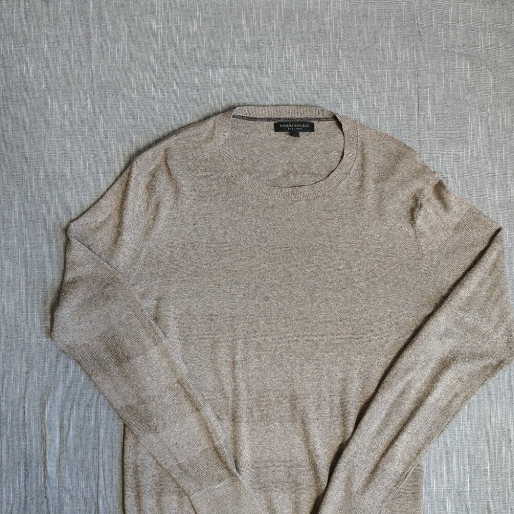 Banana Republic Sweater Size Medium Beige Silk Linen Striped Crewneck‎ - Picture 2 of 11